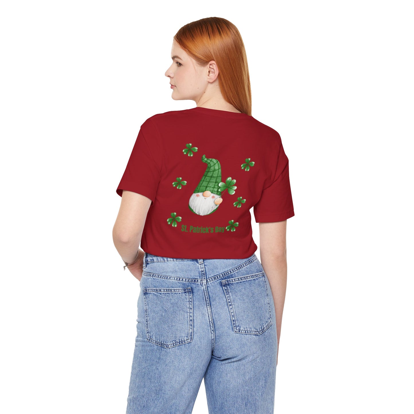 St. Patrick's Day Gnome Tee - Unisex Jersey Short Sleeve T-Shirt with Clover Design