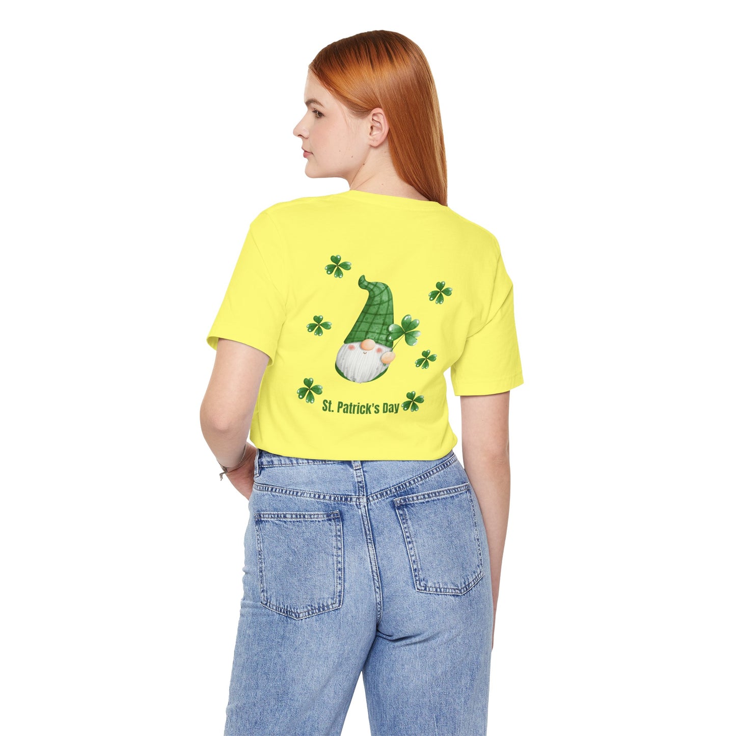 St. Patrick's Day Gnome Tee - Unisex Jersey Short Sleeve T-Shirt with Clover Design