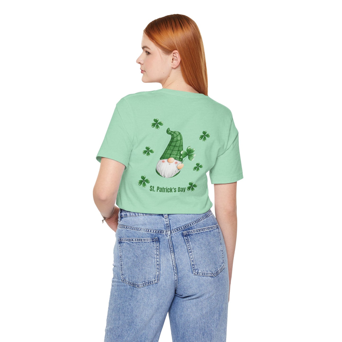 St. Patrick's Day Gnome Tee - Unisex Jersey Short Sleeve T-Shirt with Clover Design